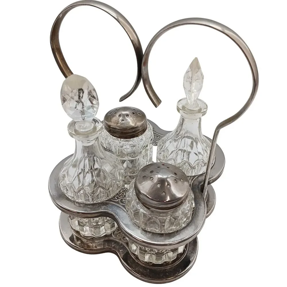 VTG Leonard Sheffield Silver Plate Crystal Caddy Salt Pepper Cruets Vinegar Oil